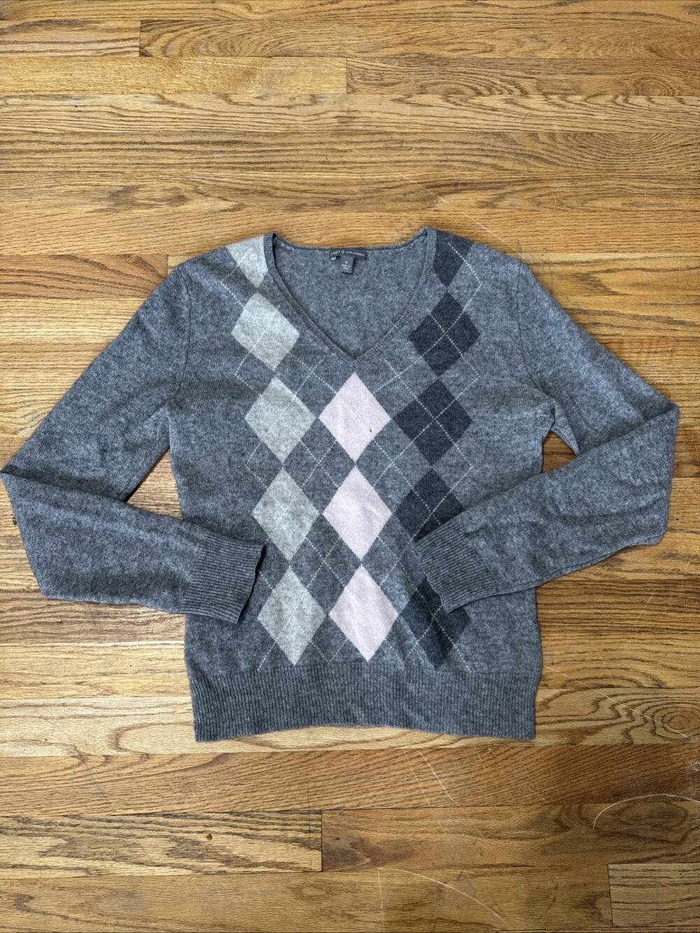 Vintage Apt 9 Y2K 100% Cashmere Size M Gray Pink Argyle Preppy Luxury Sweater